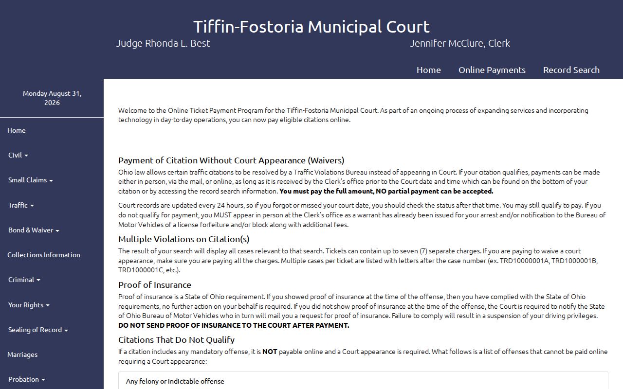 Fostoria court docket citation payment and court record source