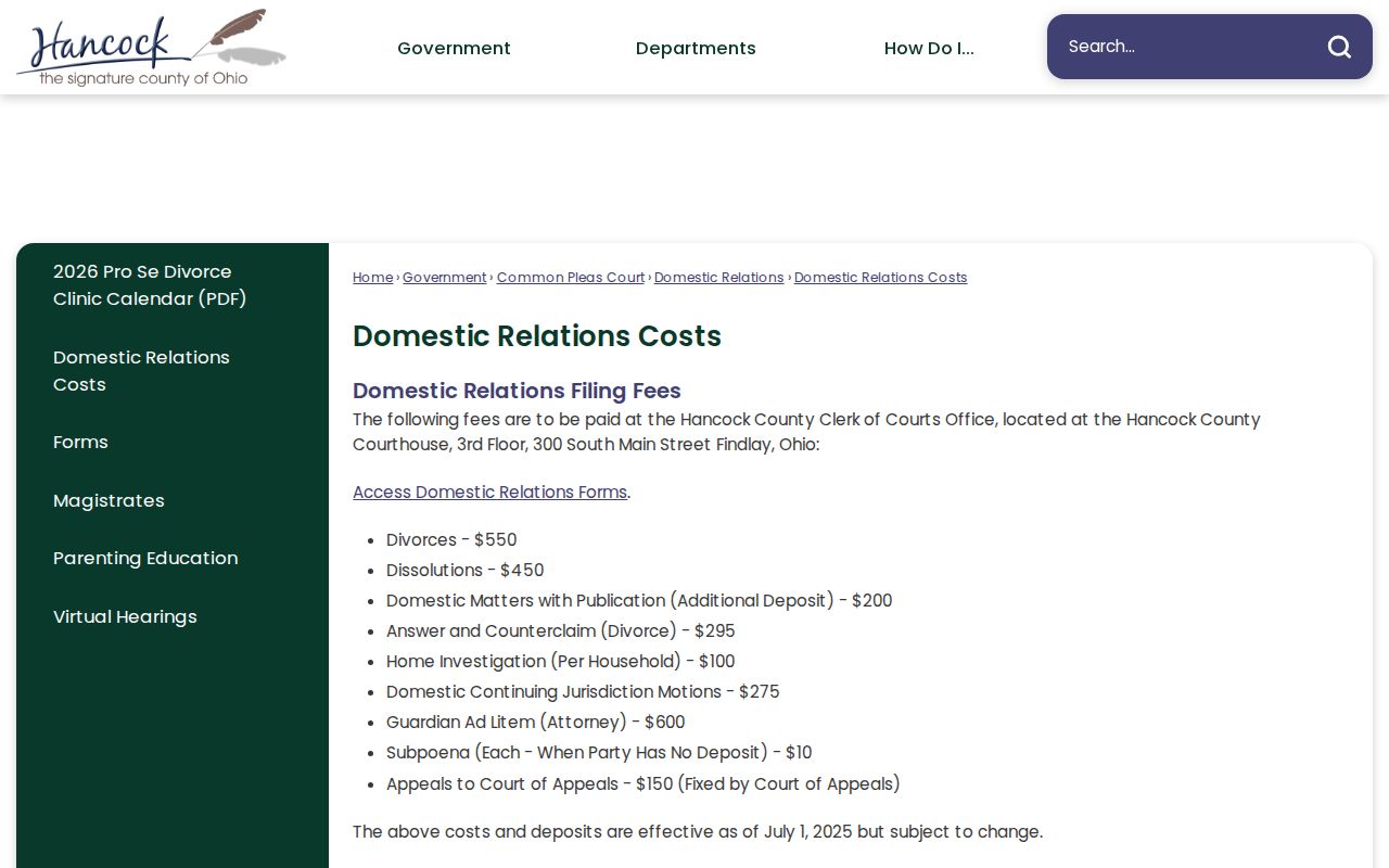 Hancock County civil docket domestic relations cost information