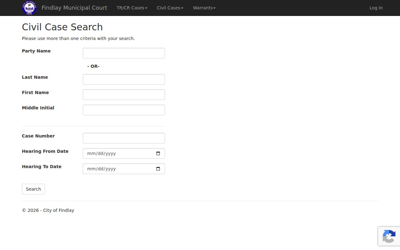 Hancock County civil docket Findlay Civil Case Search form