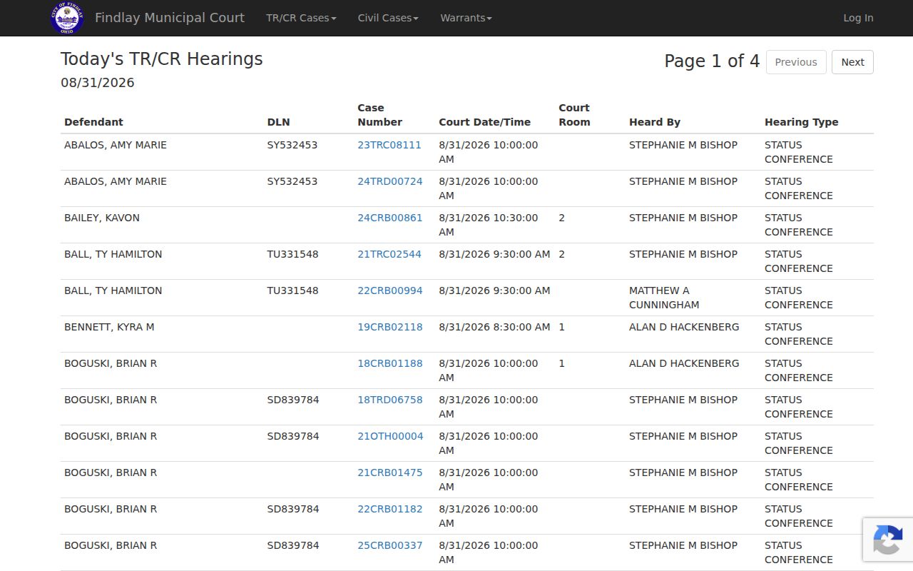 Hancock County court dates Findlay hearing portal menu
