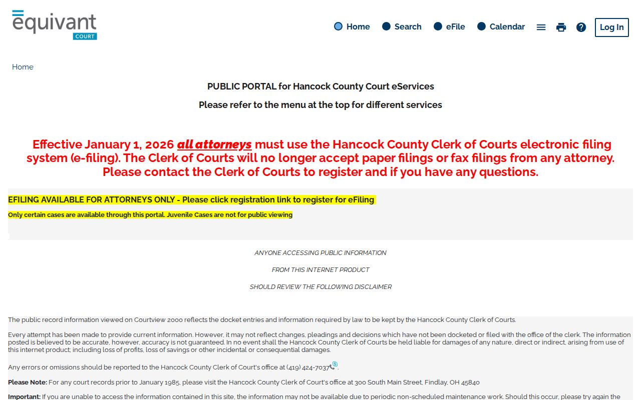 Hancock County court docket eServices portal
